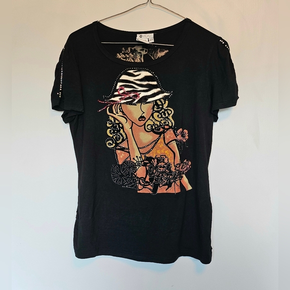 Chagall Funky Beaded Detailing Graphic Tee With Rhinestones and Faux Fur - Picture 1 of 7